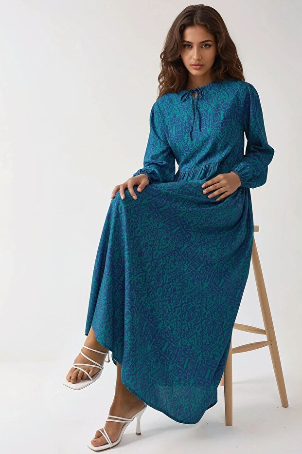 Baskılı A-form Modest Elbise, Bisiklet Yaka - 4