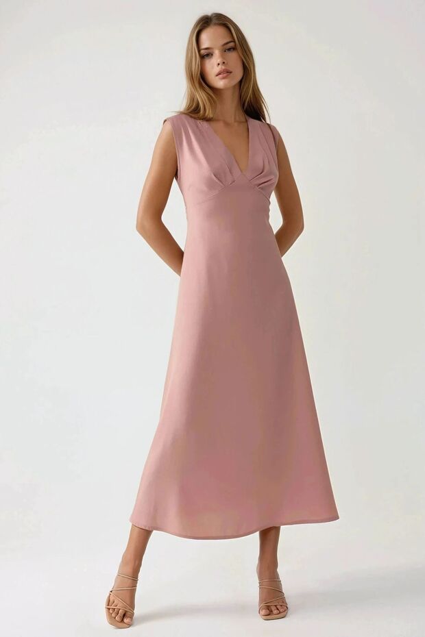 V Yaka A-Form Midi Elbise - 1