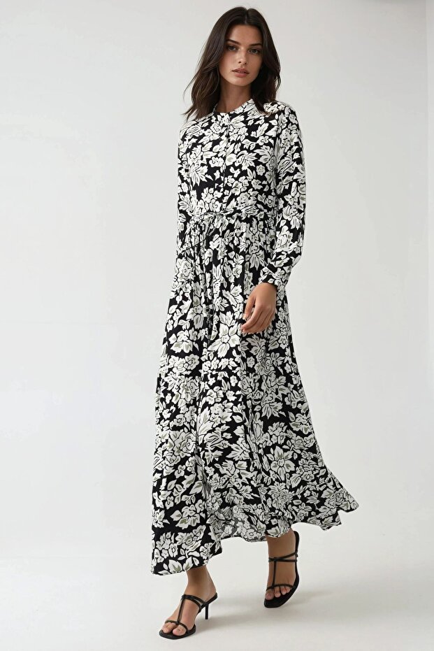 Gömlek Yaka Baskılı Maxi Elbise - 5