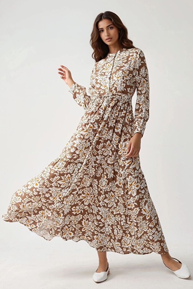 Gömlek Yaka Baskılı Maxi Elbise - 2