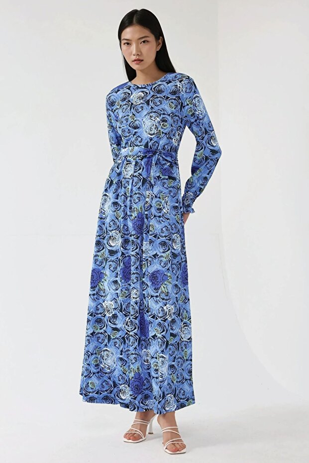 Çiçek Desenli Uzun Kol Örme Modest Elbise - 2