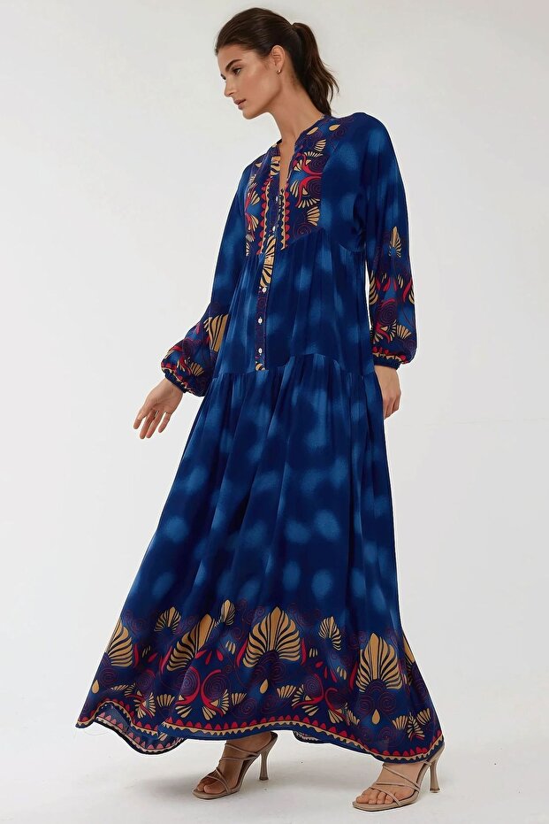 Baskılı Uzun Kol Viskon Modest Elbise - 5