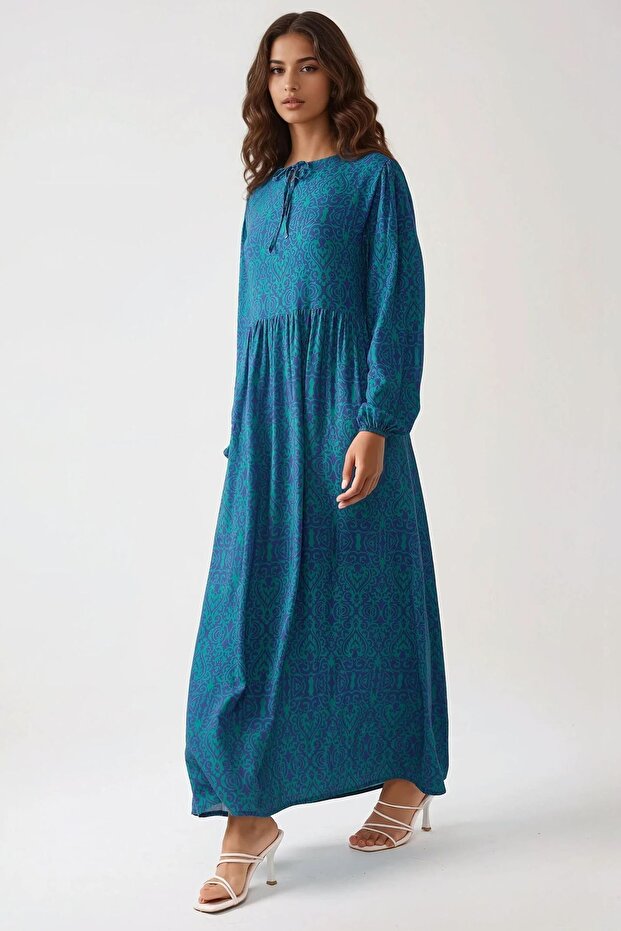 Baskılı A-form Modest Elbise, Bisiklet Yaka - 3