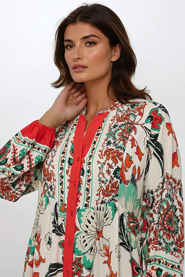 Baskılı Uzun Kol Viskon Modest Elbise - 5