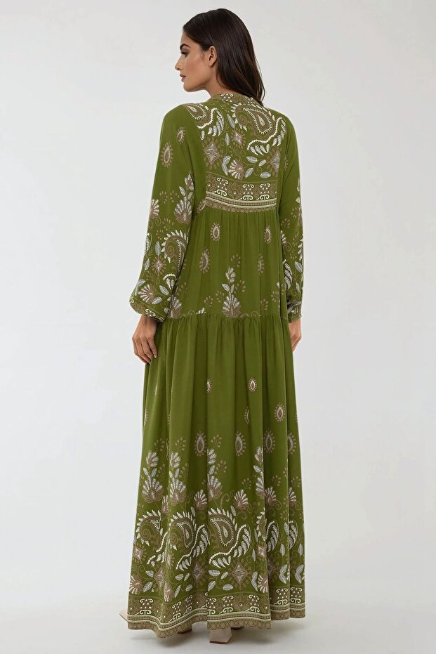 Baskılı Uzun Kol Viskon Modest Elbise - 6