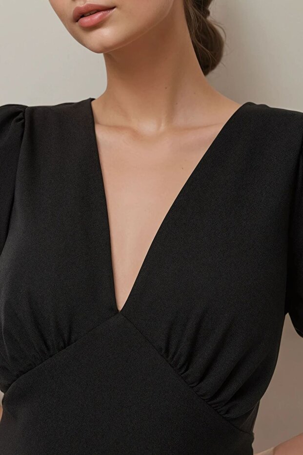 V-Yaka A-Form Krep Midi Elbise - 3