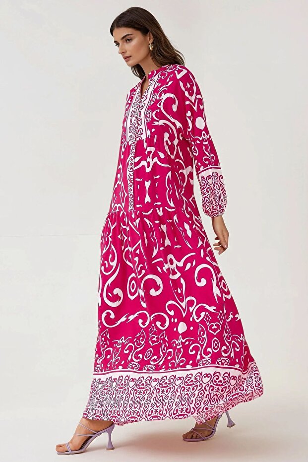 Baskılı Uzun Kol Viskon Modest Elbise - 2