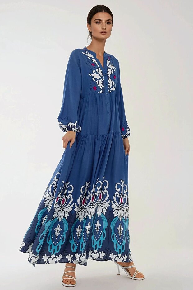 Baskılı Uzun Kol Viskon Modest Elbise - 5