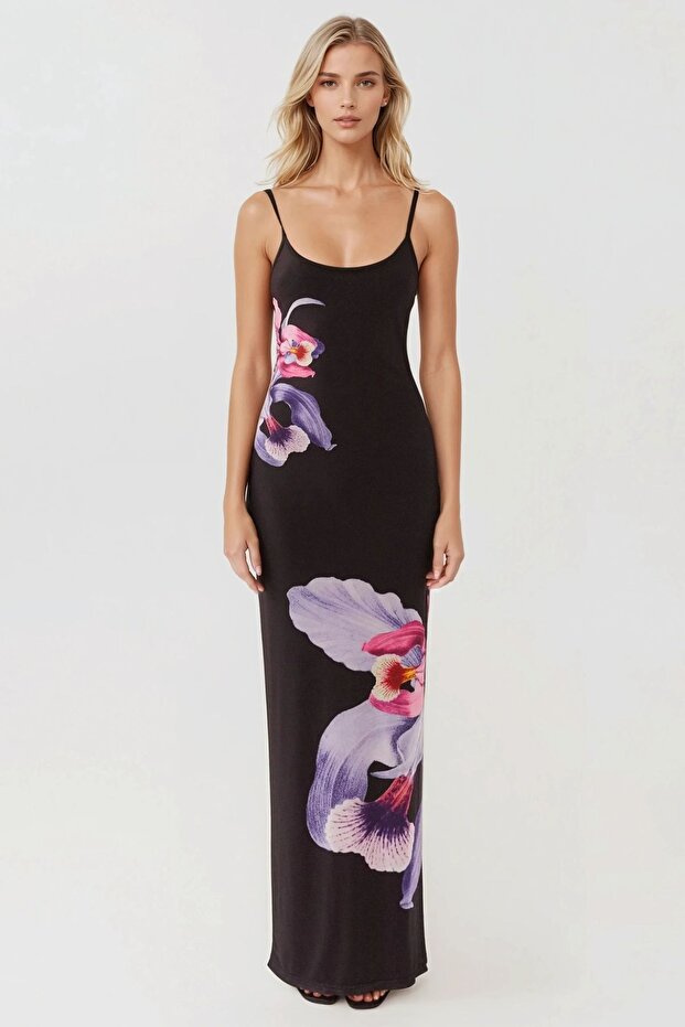 Askılı Çiçekli Bodycon Maxi Elbise - 2