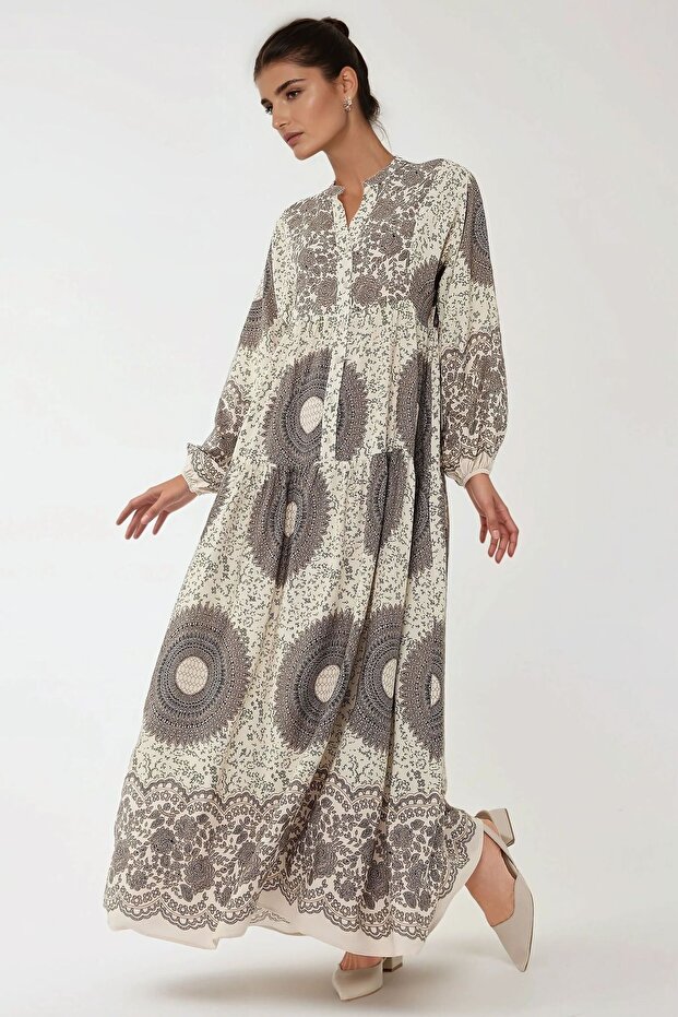 Baskılı Uzun Kol Viskon Modest Elbise - 6