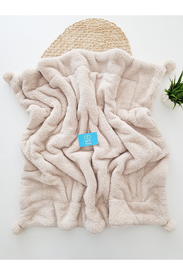 Double-Layered Large Pom-Pom Beige Color Welsoft Baby Blanket