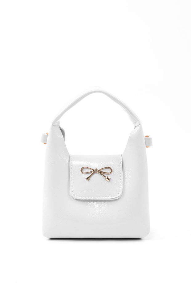 Wrinkled Textured White Shk214 Bow Detail, Single Compartment with Snap Fasteners, Crossbody Strap Hand, Arm and Shoulder Bag