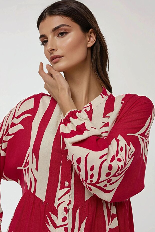 Baskılı Uzun Kol Viskon Modest Elbise - 7