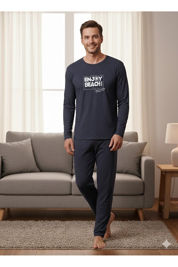 Men's Long Sleeve Navy Blue Pajama Set
