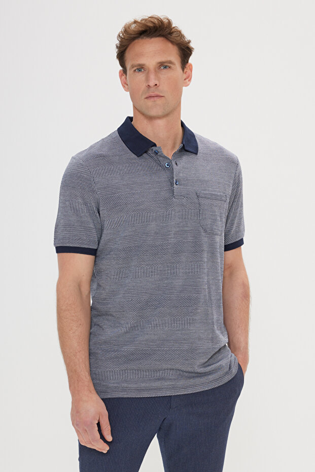 Men's Navy Blue Comfort Fit Wide Cut Polo Neck Jacquard T-Shirt
