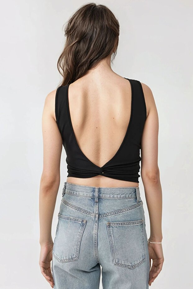 Slim Fit Sırtı Açık Kayık Yaka Örme Üst - 5