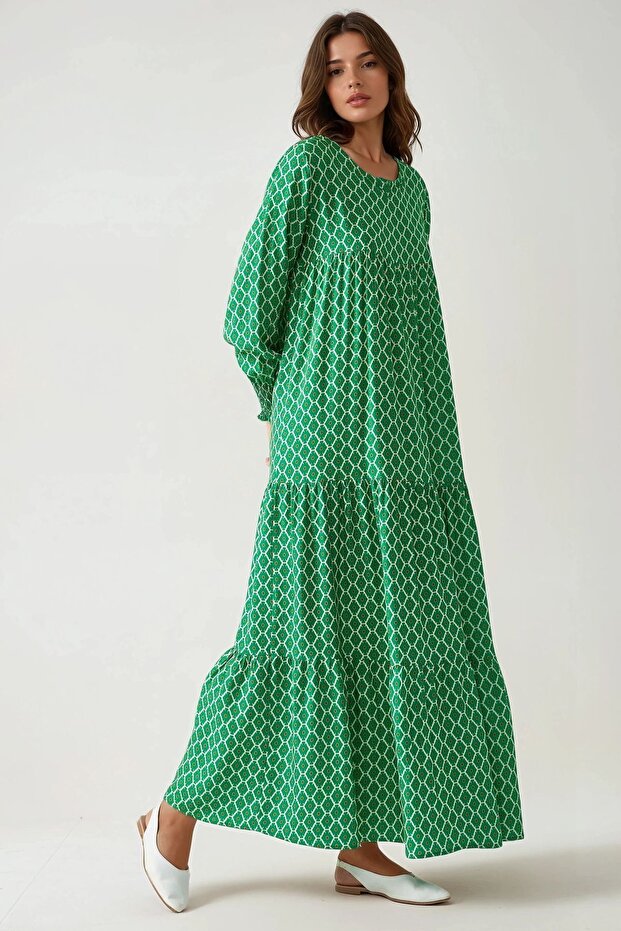 Patterned Round Neck Viscose Modest Dress - 4