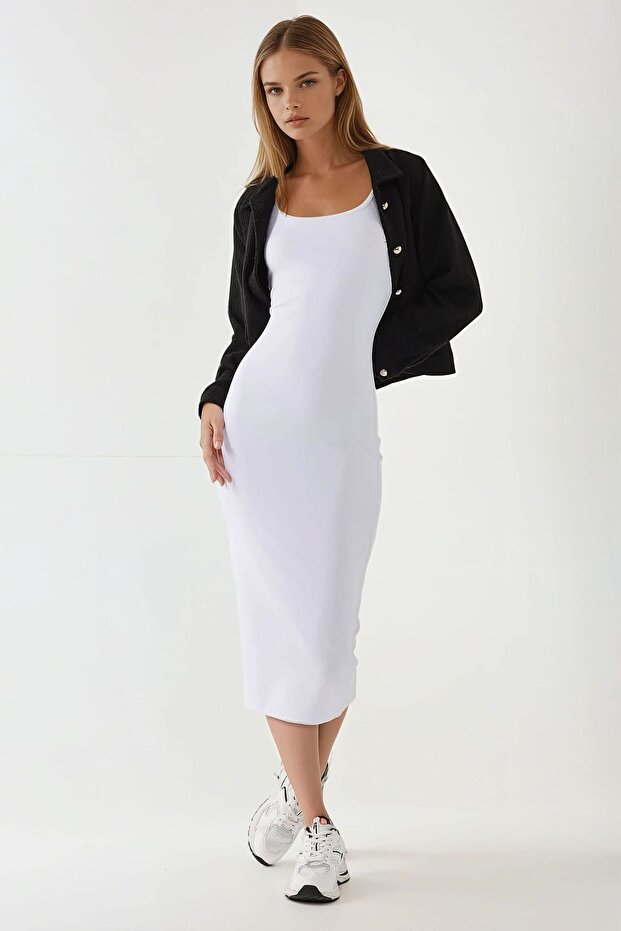Askılı Bodycon Midi Örme Elbise - 3