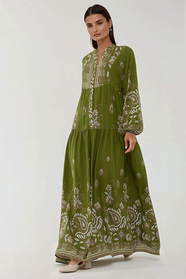 Baskılı Uzun Kol Viskon Modest Elbise - 1