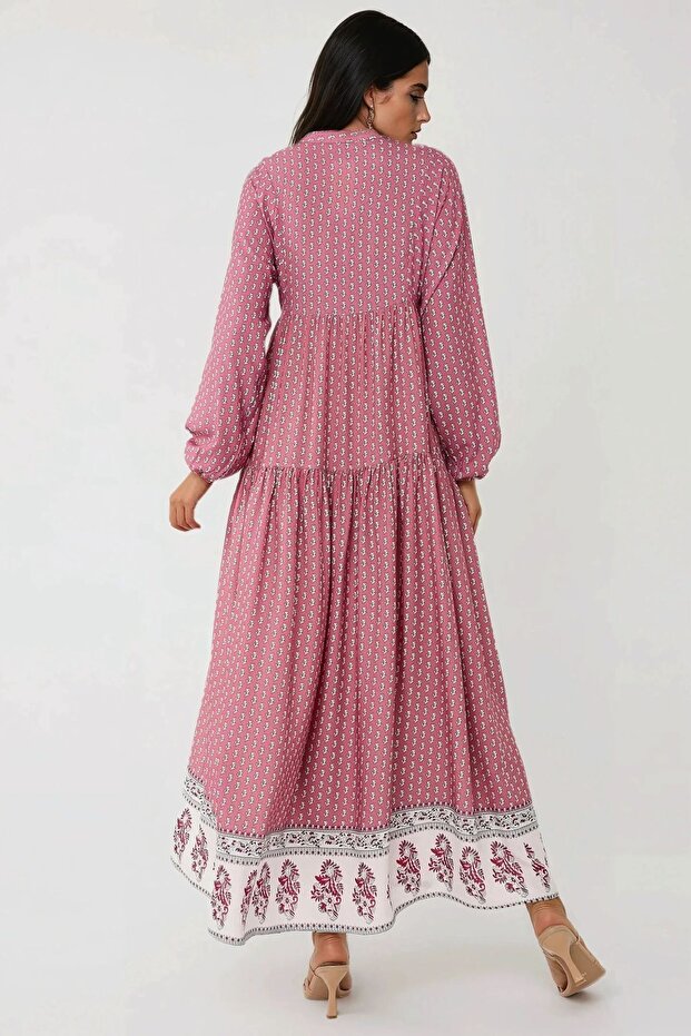 Desenli V Yaka Modest Elbise - 6