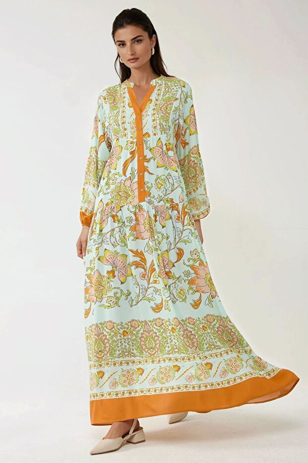 Baskılı Uzun Kol Viskon Modest Elbise - 2