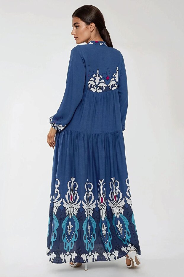 Baskılı Uzun Kol Viskon Modest Elbise - 2