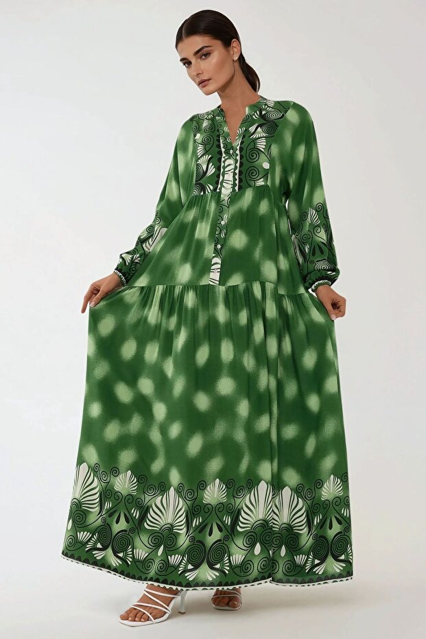 Baskılı Uzun Kol Viskon Modest Elbise - 4