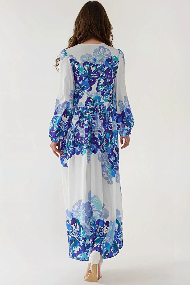 V Yaka Desenli Modest Elbise - 8