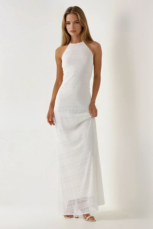 Dokulu Halter Yaka Maxi Elbise - 3
