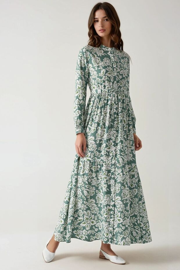 Gömlek Yaka Baskılı Maxi Elbise - 3