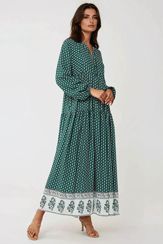 Desenli V Yaka Modest Elbise - 2