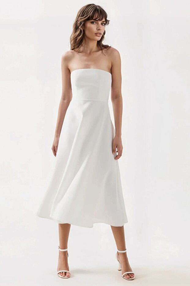 Straplez Midi A-Form Elbise - 2