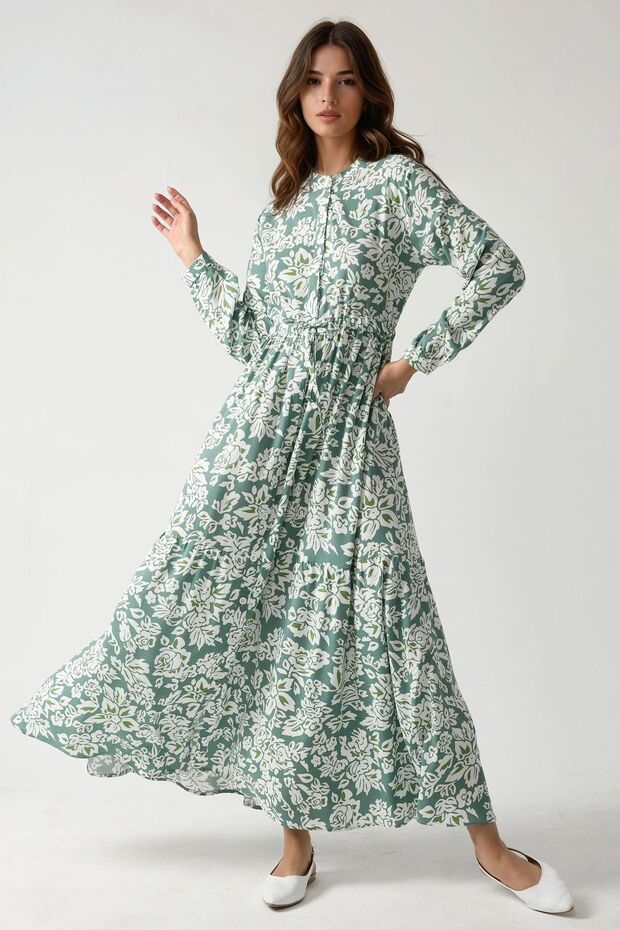 Gömlek Yaka Baskılı Maxi Elbise - 2