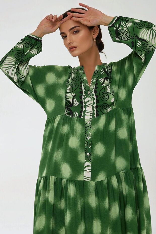 Baskılı Uzun Kol Viskon Modest Elbise - 2