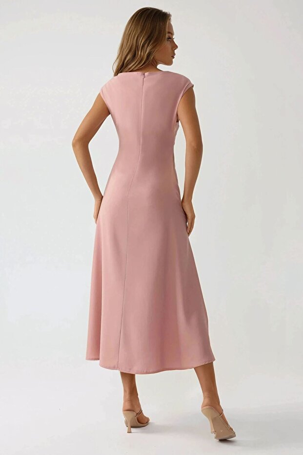 V Yaka A-Form Midi Elbise - 4