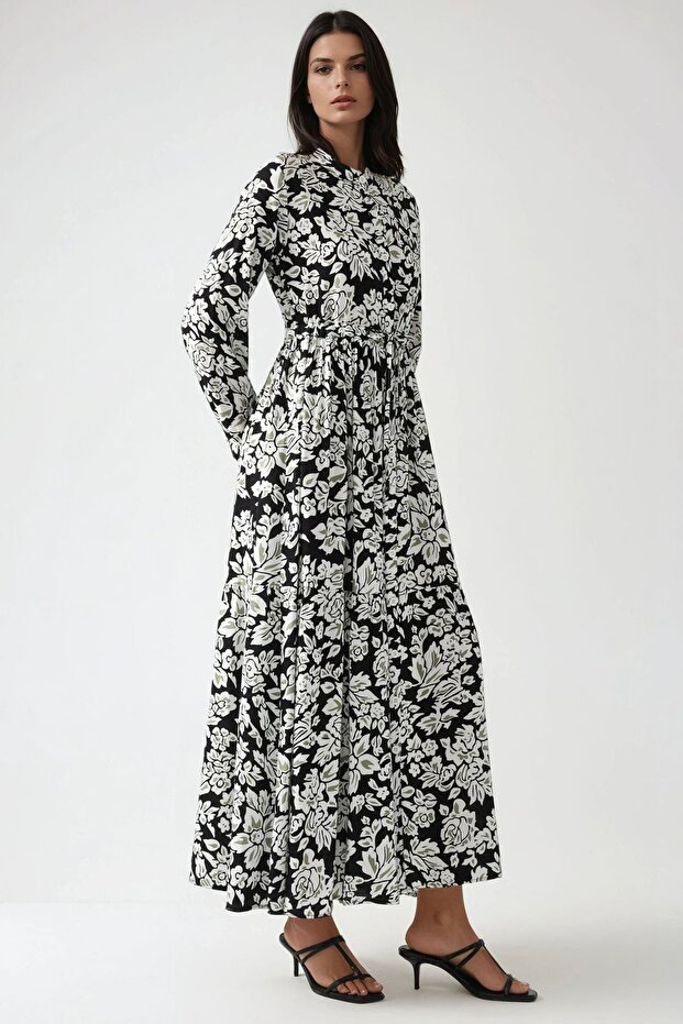 Gömlek Yaka Baskılı Maxi Elbise - 2