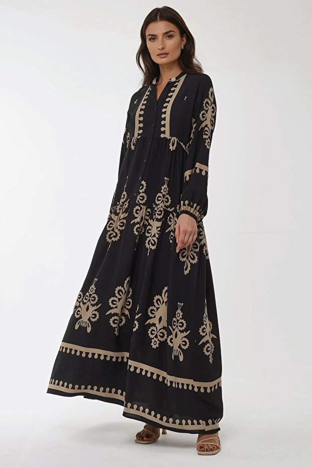 Baskılı Uzun Kol Viskon Modest Elbise - 2