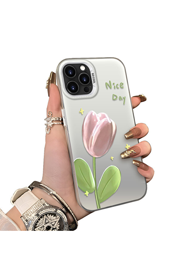iPhone 15 Pro Max Compatible Silicone Edge Hard Back Anti-Fall Case Tulip Pattern - 1
