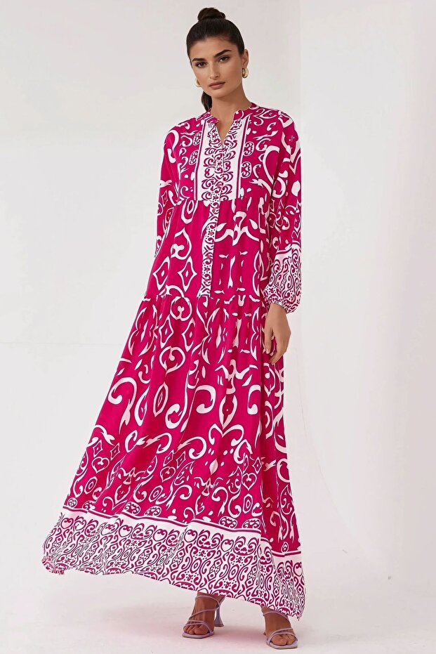 Baskılı Uzun Kol Viskon Modest Elbise - 3