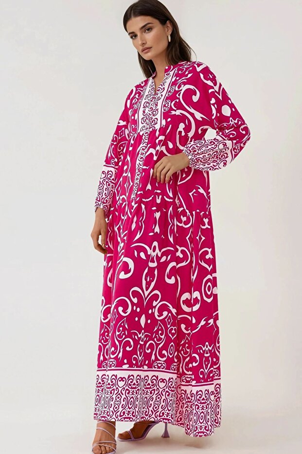 Baskılı Uzun Kol Viskon Modest Elbise - 5