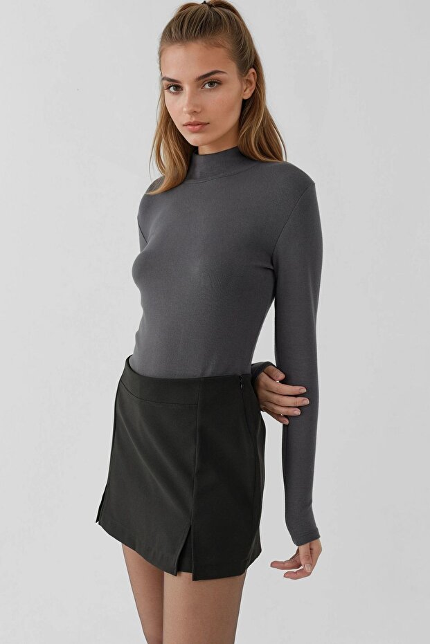 Çift Yırtmaçlı Yüksek Bel Mini Şort Etek - 2