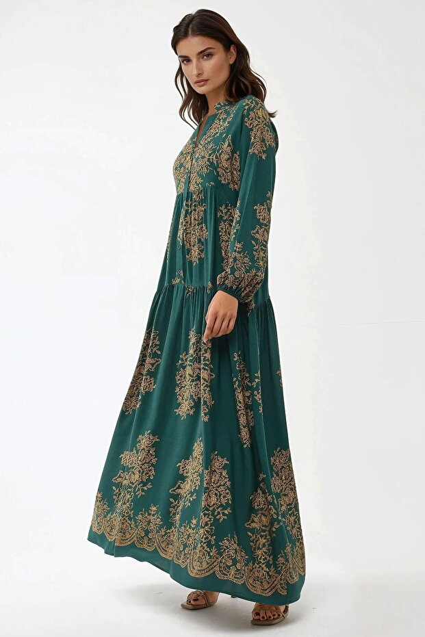 Baskılı Uzun Kol Viskon Modest Elbise - 7