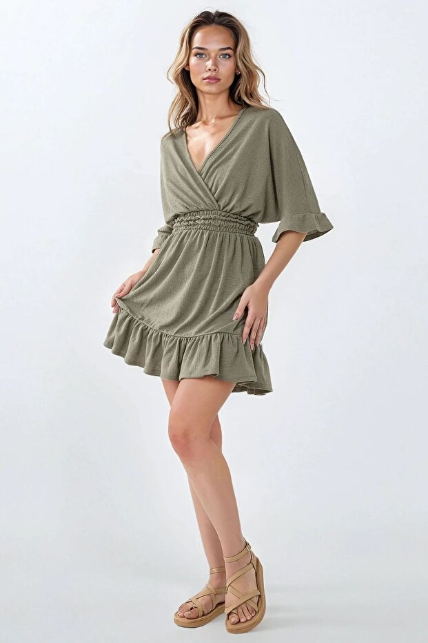 Dokulu V Yaka Gipeli Örme Mini Elbise - 3