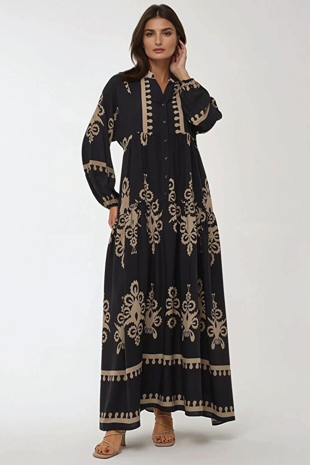 Baskılı Uzun Kol Viskon Modest Elbise - 1