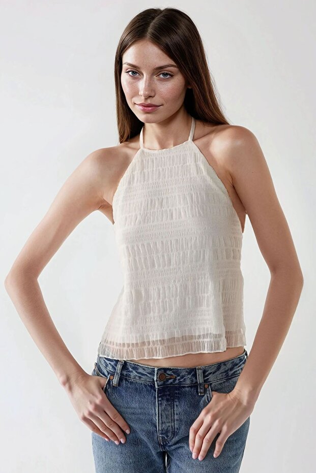 Halter Yaka Dokulu Fitted Üst - 1