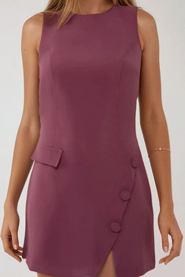 Düğmeli Fitted Bisiklet Yaka Mini Elbise - 4