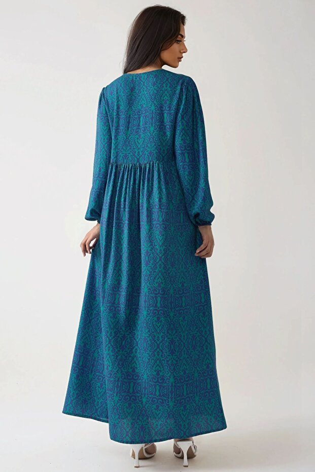 Baskılı A-form Modest Elbise, Bisiklet Yaka - 5