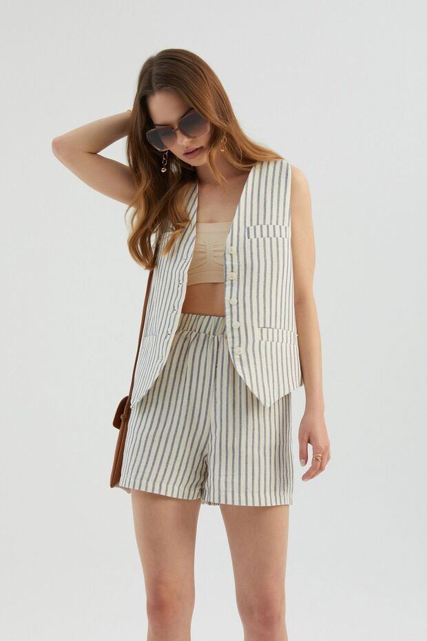 Şeritli Yüksek Bel Elastik Bel Şort - 2