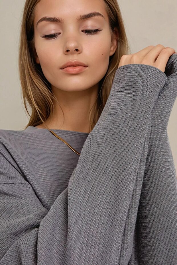 Dokulu Bisiklet Yaka Oversize Sweatshirt - 4