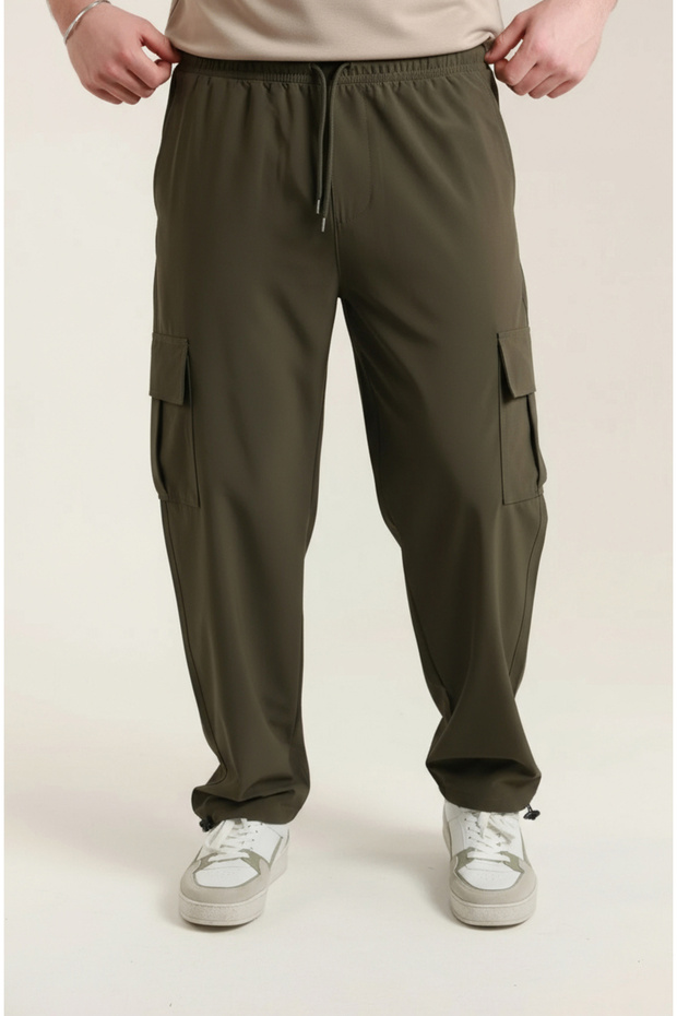 Men's Khaki Parachute Fabric Sweatpants | Cargo Pocket Pieces, with Leg Clips, Baggy Cut